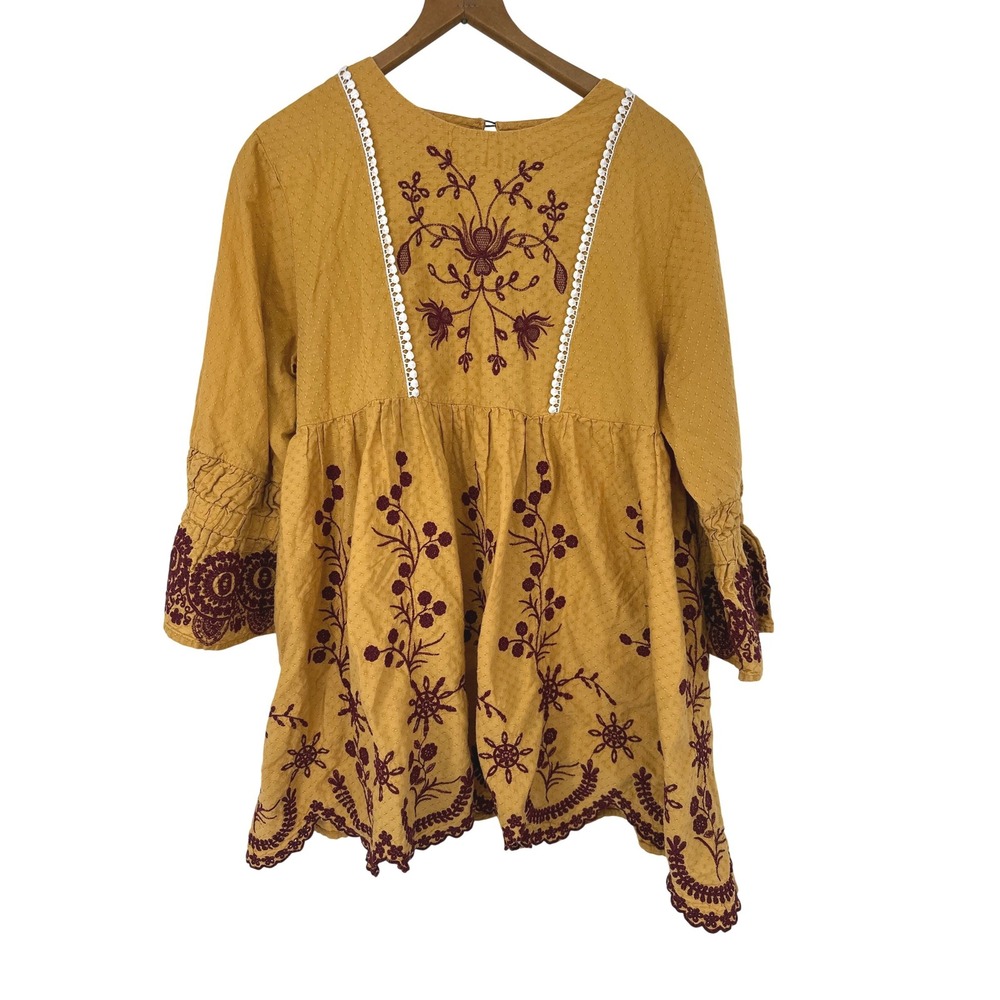 Ethnic by Outfitters Babydoll Top Womens Mustard Yellow Embroidered Boho Peasant